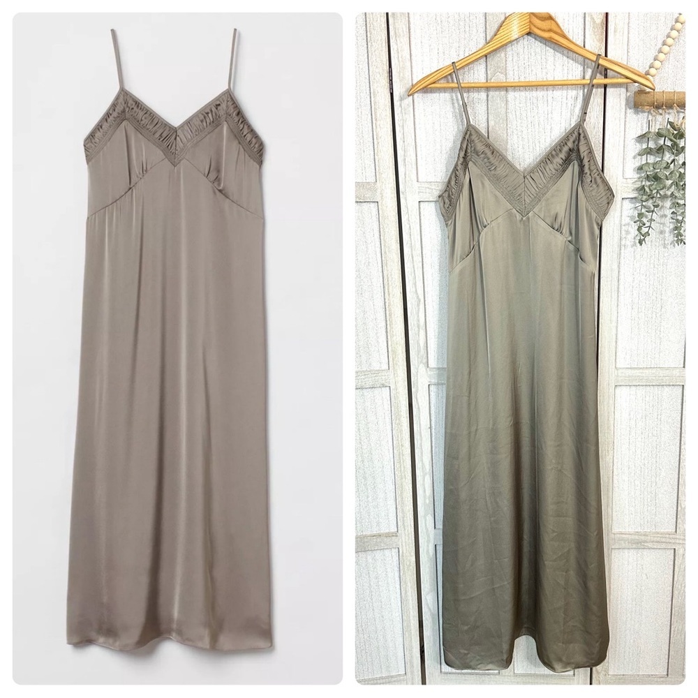 H&M Taupe Slip Midi Dress with Lace Trim